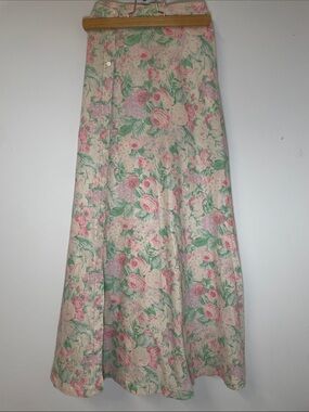 vintage Ralph Lauren 100% linen  maxi skirt pastel rose print A-Line Maxi 1X/XL